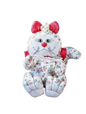 Vintage 80s Hand Sewn Made Floral Fabric Stuffed Cat Plush Cottagecore